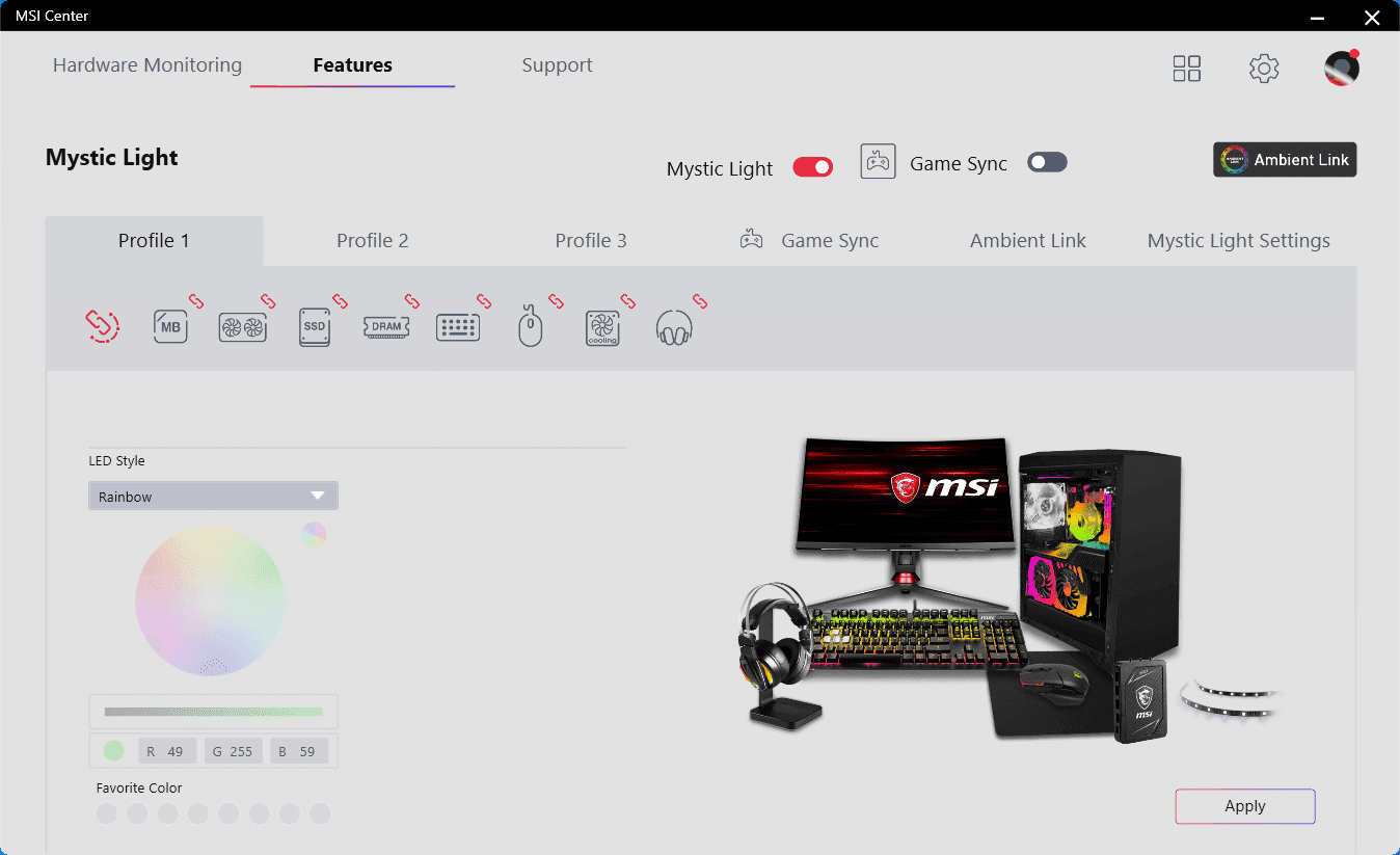 msi center msytic light
