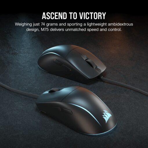 CORSAIR M75 Lightweight RGB Gaming Mouse (AP) - Black, MARKSMAN 26K, Wired USB 2.0 Type-A port connection, iCUE support