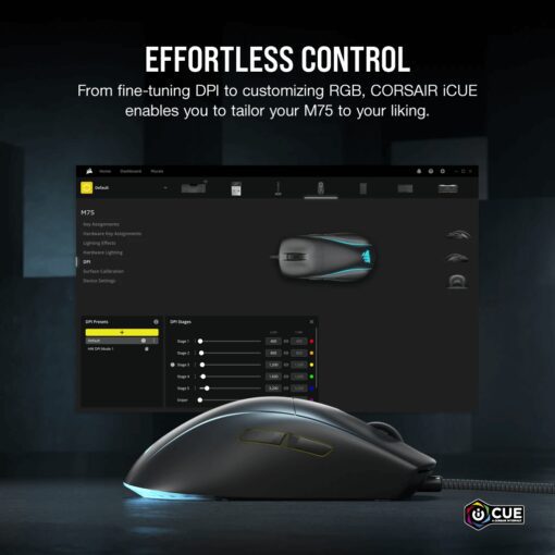 CORSAIR M75 Lightweight RGB Gaming Mouse (AP) - Black, MARKSMAN 26K, Wired USB 2.0 Type-A port connection, iCUE support