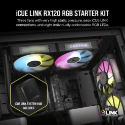 CORSAIR iCUE LINK RX120 MAX RGB Black 120mm PWM Thick Fans Starter Kit Fans - 3x 120mm PWM Fan, iCUE LINK System Hub included 12 RX120 RGB BLACK RENDER 02