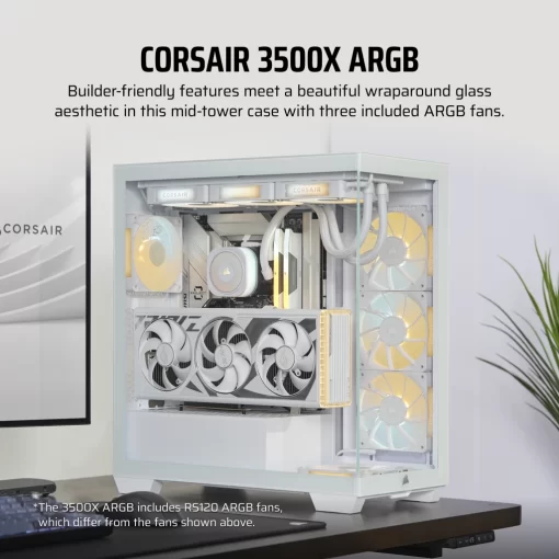 CORSAIR 3500X ARGB White Glass PC Case - Mid-Tower, 3x RS120 ARGB fans, Reverse Connection Motherboard Compatible