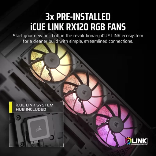 CORSAIR iCUE LINK 3500X RGB Black Glass PC Case - Mid-Tower, 3x RS120 ARGB fans + iCUE LINK System Hub, Reverse Connection Motherboard Compatible