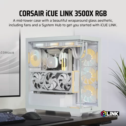CORSAIR iCUE LINK 3500X RGB White Glass PC Case - Mid-Tower, 3x RS120 ARGB fans + iCUE LINK System Hub, Reverse Connection Motherboard Compatible