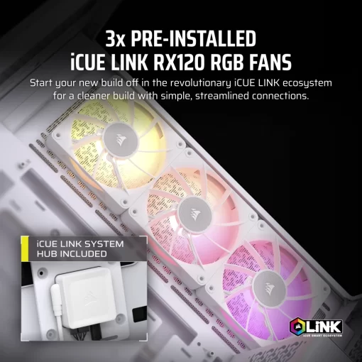 CORSAIR iCUE LINK 3500X RGB White Glass PC Case - Mid-Tower, 3x RS120 ARGB fans + iCUE LINK System Hub, Reverse Connection Motherboard Compatible