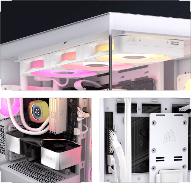 CORSAIR 3500X ARGB White Glass PC Case - Mid-Tower, 3x RS120 ARGB fans, Reverse Connection Motherboard Compatible 24 Panel02 Image White 624x600 1