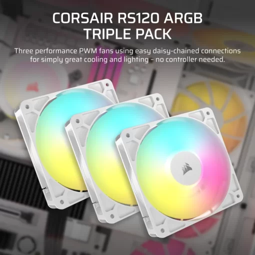 CORSAIR RS120 ARGB Triple Pack White (CO-9050185-WW) Fans - 3x120mm 2100RPM Static Pressure RGB Fan, Daisy Chain 4 Pin PWM, +5V ARGB Connections