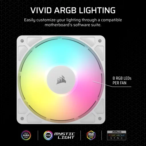CORSAIR RS120 ARGB Triple Pack White (CO-9050185-WW) Fans - 3x120mm 2100RPM Static Pressure RGB Fan, Daisy Chain 4 Pin PWM, +5V ARGB Connections