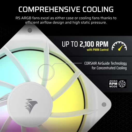 CORSAIR RS120 ARGB Triple Pack White (CO-9050185-WW) Fans - 3x120mm 2100RPM Static Pressure RGB Fan, Daisy Chain 4 Pin PWM, +5V ARGB Connections