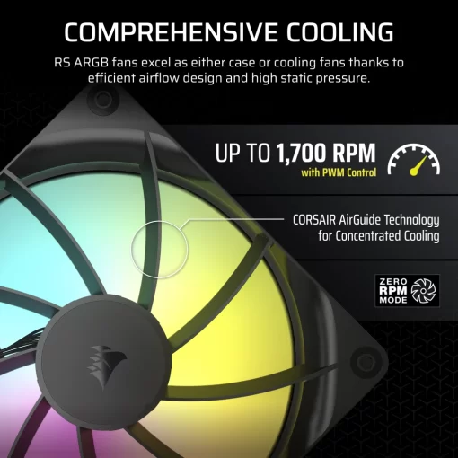 CORSAIR RS140 ARGB Dual Pack Black (CO-9050183-WW) Fans - 2x 140mm 1700RPM Static Pressure RGB Fan, Daisy Chain 4 Pin PWM, +5V ARGB Connections
