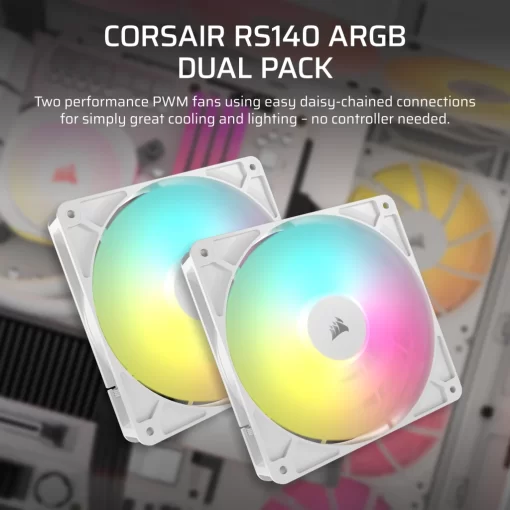 CORSAIR RS140 ARGB Dual Pack White (CO-9050187-WW) Fans - 2x 140mm 1700RPM Static Pressure RGB Fan, Daisy Chain 4 Pin PWM, +5V ARGB Connections