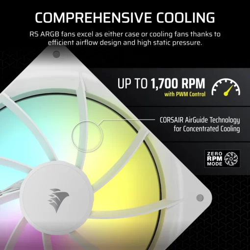 CORSAIR RS140 ARGB Dual Pack White (CO-9050187-WW) Fans - 2x 140mm 1700RPM Static Pressure RGB Fan, Daisy Chain 4 Pin PWM, +5V ARGB Connections