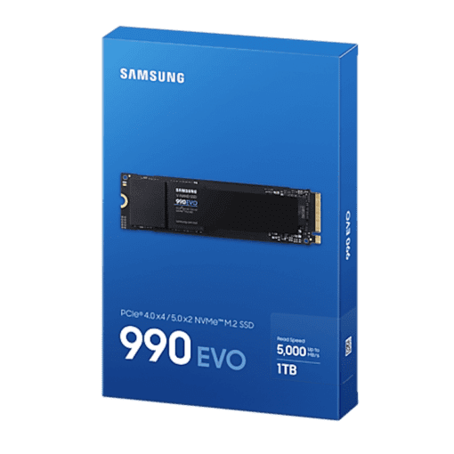 Samsung 990 EVO 1TB (MZ-V9E1T0BW) SSD - M.2 2280 NVMe 2.0, PCIe Gen 4x4, Gen 5x2, 4.200 MB/s write, 5.000 MB/s read