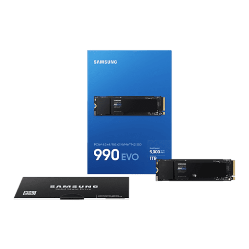 Samsung 990 EVO 1TB (MZ-V9E1T0BW) SSD - M.2 2280 NVMe 2.0, PCIe Gen 4x4, Gen 5x2, 4.200 MB/s write, 5.000 MB/s read