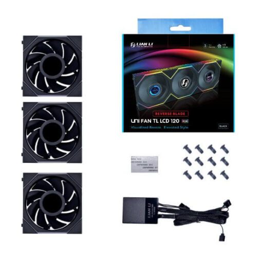 Lian Li UNI FAN TL LCD 120 Reverse Blade Triple Black Fan (12RTLLCD3B) - 3x 120mm fans, 1x UNI FAN Controller Cable (P-7P)