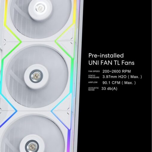 Lian Li HydroShift LCD 360TL AIO Liquid CPU Cooler - White, 3 x TL fans, 2.88 inch IPS 480×480 res LCD Screen