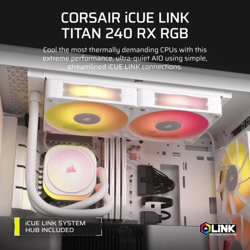 CORSAIR iCUE LINK TITAN 240 RX RGB AIO Liquid CPU Cooler (CW-9061020-WW) - White, 240mm radiator, 2x 120mm RX120 RGB fans, iCUE LINK System Hub included