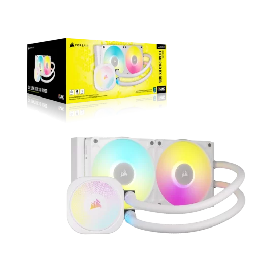 CORSAIR iCUE LINK TITAN 240 RX RGB AIO Liquid CPU Cooler (CW-9061020-WW) - White, 240mm radiator, 2x 120mm RX120 RGB fans, iCUE LINK System Hub included