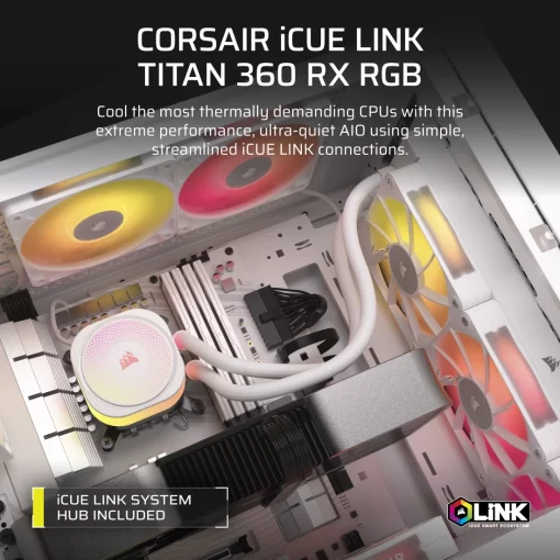 CORSAIR iCUE LINK TITAN 360 RX RGB AIO Liquid CPU Cooler (CW-9061021-WW) - White, 360mm radiator, 3x 120mm RX120 RGB fans, iCUE LINK System Hub included
