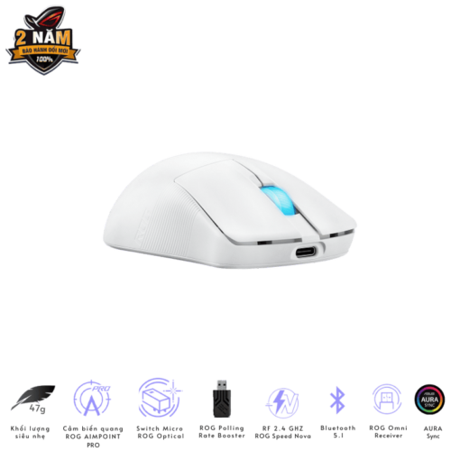 ASUS ROG Harpe Ace Mini White Gaming Mouse - 49g ultra-lightweight, Wireless 2.4GHz RF, Bluetooth, Wired, 42K DPI Sensor