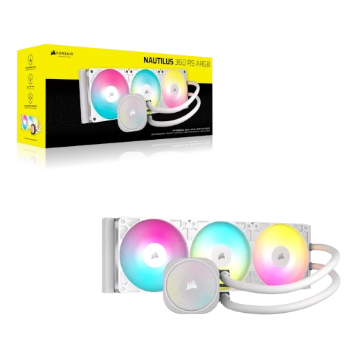 CORSAIR NAUTILUS 360 RS ARGB Liquid CPU Cooler (CW-9060095-WW) - White, 360mm radiator, 3x 120mm RS120 ARGB fans