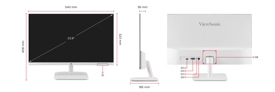 ViewSonic VA2432-H-W Monitor - White, 24 inch, FHD, IPS, 100Hz, Frameless Design 24 GPG 23 MON VA2432 H W RC Dimension pc jpg