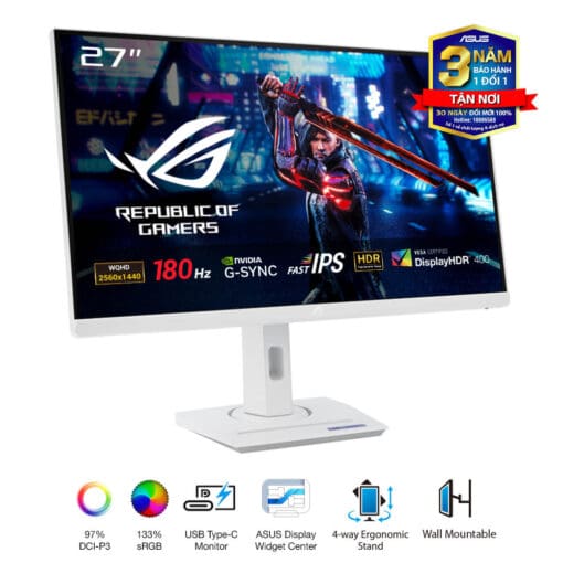 ASUS ROG Strix XG27ACS-W Gaming Monitor - White, 27 inch, 2K (2560x1440), IPS, 180Hz, 1ms GTG, ELMB, G-Sync compatible, FreeSync, DisplayHDR™ 400, Tripod socket