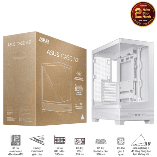 ASUS A31 White ATX Mid-Tower Case - BTF Hidden Connectors, 8° Angled Base, Dual-Sided Tempered Glass