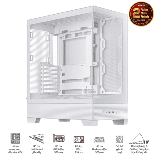 ASUS A31 White ATX Mid-Tower Case - BTF Hidden Connectors, 8° Angled Base, Dual-Sided Tempered Glass
