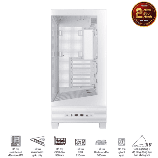 ASUS A31 White ATX Mid-Tower Case - BTF Hidden Connectors, 8° Angled Base, Dual-Sided Tempered Glass