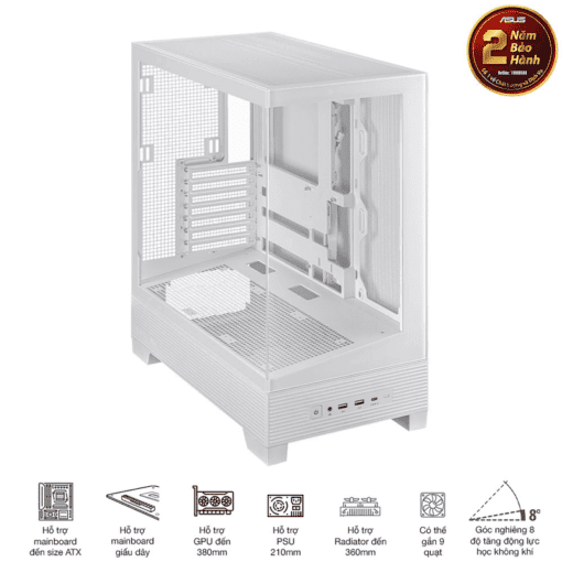 ASUS A31 White ATX Mid-Tower Case - BTF Hidden Connectors, 8° Angled Base, Dual-Sided Tempered Glass