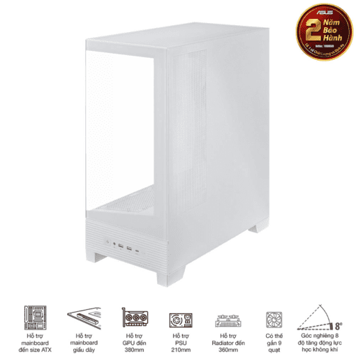 ASUS A31 White ATX Mid-Tower Case - BTF Hidden Connectors, 8° Angled Base, Dual-Sided Tempered Glass