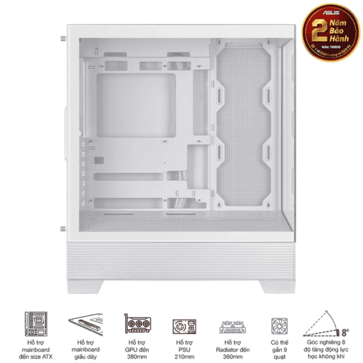 ASUS A31 White ATX Mid-Tower Case - BTF Hidden Connectors, 8° Angled Base, Dual-Sided Tempered Glass