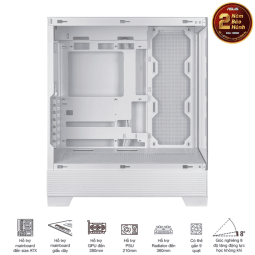 ASUS A31 White ATX Mid-Tower Case - BTF Hidden Connectors, 8° Angled Base, Dual-Sided Tempered Glass