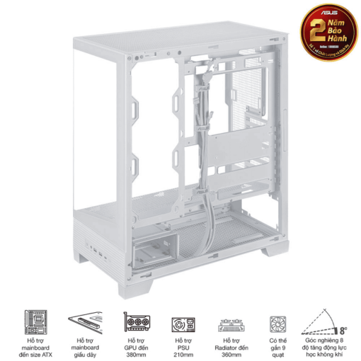 ASUS A31 White ATX Mid-Tower Case - BTF Hidden Connectors, 8° Angled Base, Dual-Sided Tempered Glass