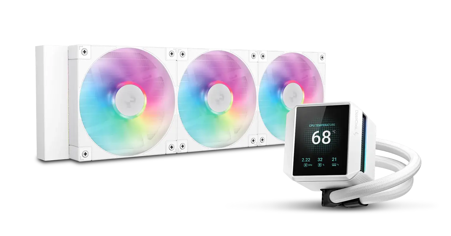 DeepCool MYSTIQUE 360 WH ARGB AIO Liquid CPU Cooler - White, 360mm Radiator, 5th Gen Pump 3400RPM AIO 2.8" 640x480 TFT LCD Screen, Anti-Leak Tech, FD12 ARGB WH Fans 18 01 WH