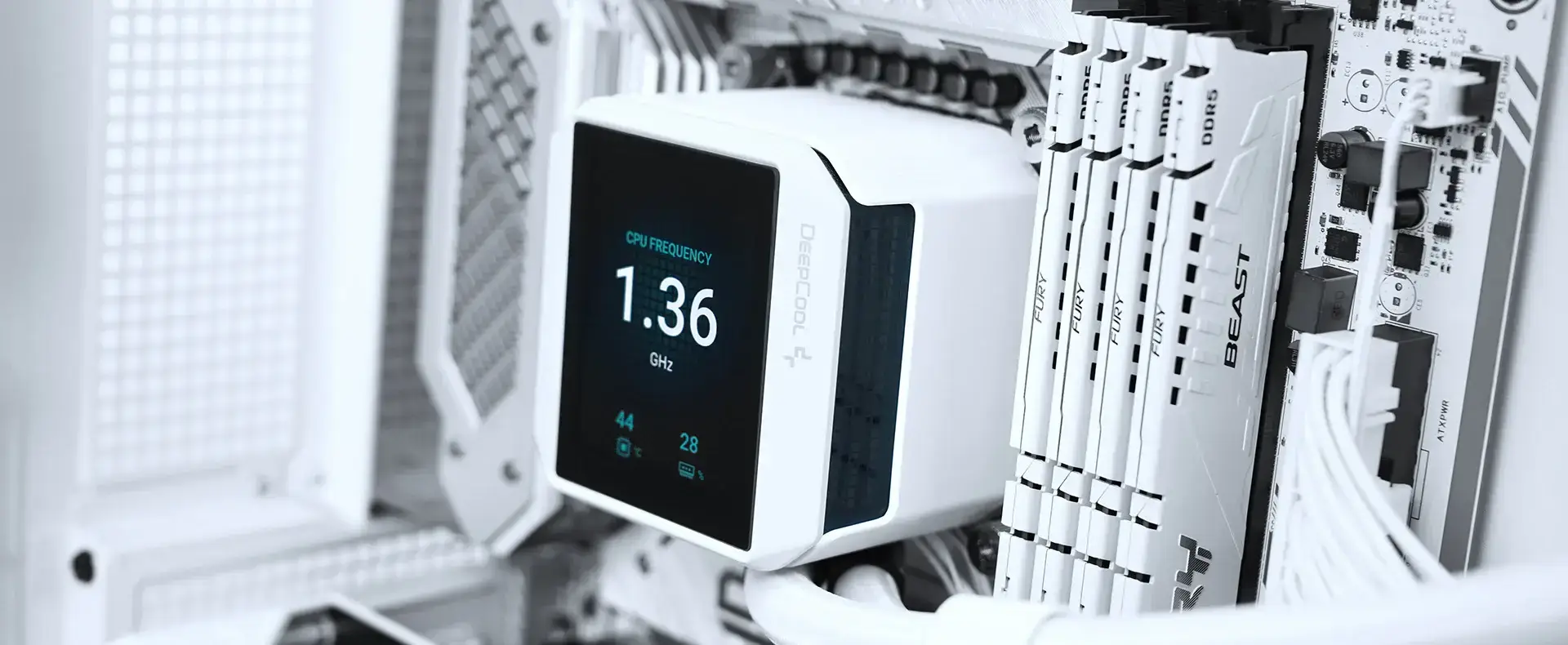 DeepCool MYSTIQUE 360 WH ARGB AIO Liquid CPU Cooler - White, 360mm Radiator, 5th Gen Pump 3400RPM AIO 2.8" 640x480 TFT LCD Screen, Anti-Leak Tech, FD12 ARGB WH Fans 27 08 02 1