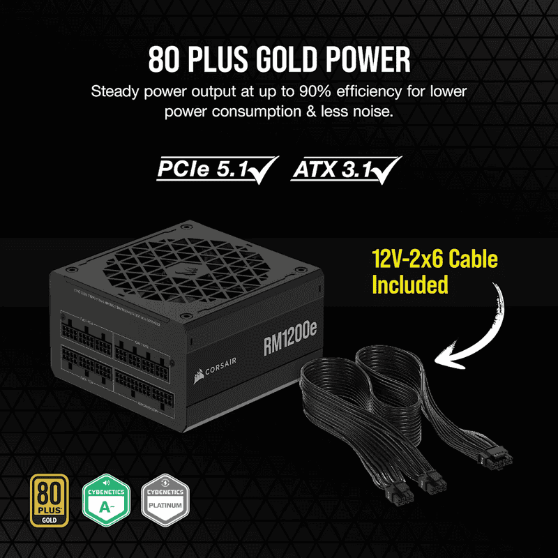 CORSAIR RMe Series RM1200e ATX 3.1 PCIe 5.1 (2025) Fully Modular PSU - 12V‑2×6 (GPU), 1200 Watt, 80 plus Gold, Low-Noise 46 CP 9020258 NA 03