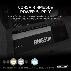 CORSAIR RMe Series RM850e ATX 3.1 PCIe 5.1 (2025) Fully Modular PSU - 12V‑2×6 (GPU), 850 Watt, 80 plus Gold, Low-Noise 11 CP 9020296 NA 02