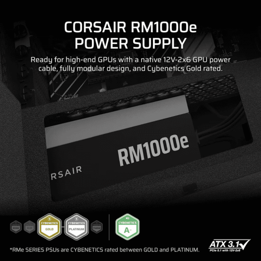 CORSAIR RMe Series RM1000e ATX 3.1 PCIe 5.1 (2025) Fully Modular PSU - 12V‑2×6 (GPU), 1000 Watt, 80 plus Gold, Low-Noise