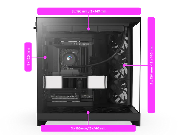 NZXT H9 Flow RGB+ Black Large Dual-Chamber Mid-Tower ATX Airflow Case - Control Hub includes 32 H9 10 Fan Cooling