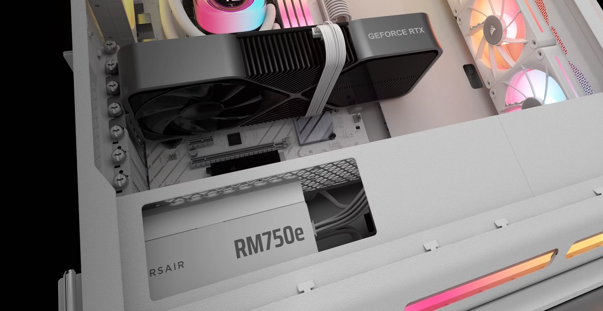 CORSAIR RMe Series RM750e White ATX 3.1 PCIe 5.1 (2025) Fully Modular PSU - 12V‑2×6 (GPU), 750 Watt, 80 plus Gold, Low-Noise 18 Panel00 Background 750W 2x 1