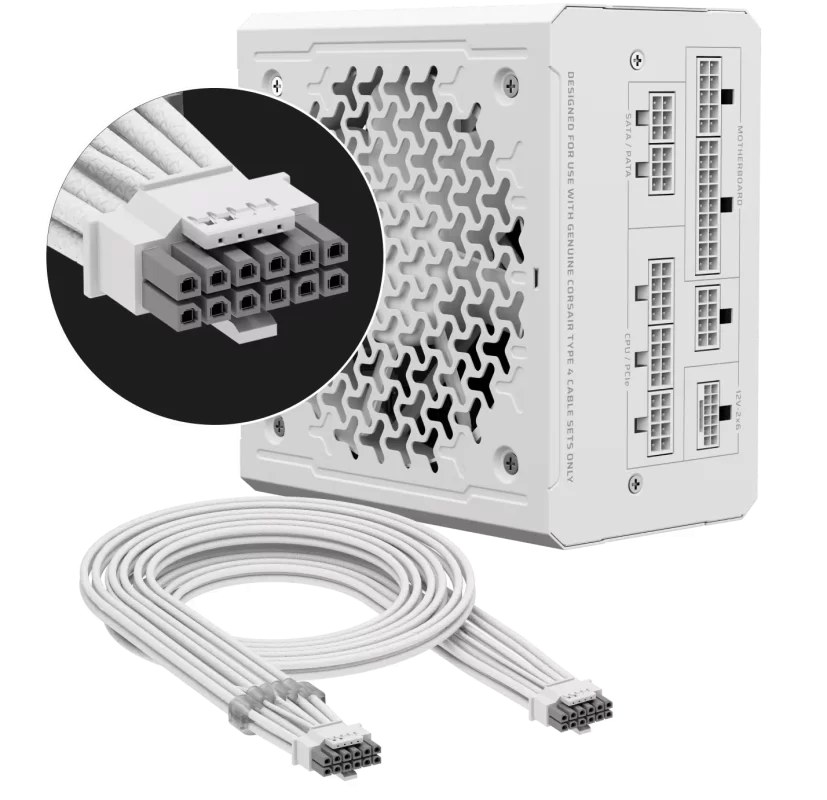 CORSAIR RMe Series RM1000e White ATX 3.1 PCIe 5.1 (2025) Fully Modular PSU - 12V‑2×6 (GPU), 1000 Watt, 80 plus Gold, Low-Noise 18 Panel03 Image 1000W 2x 1