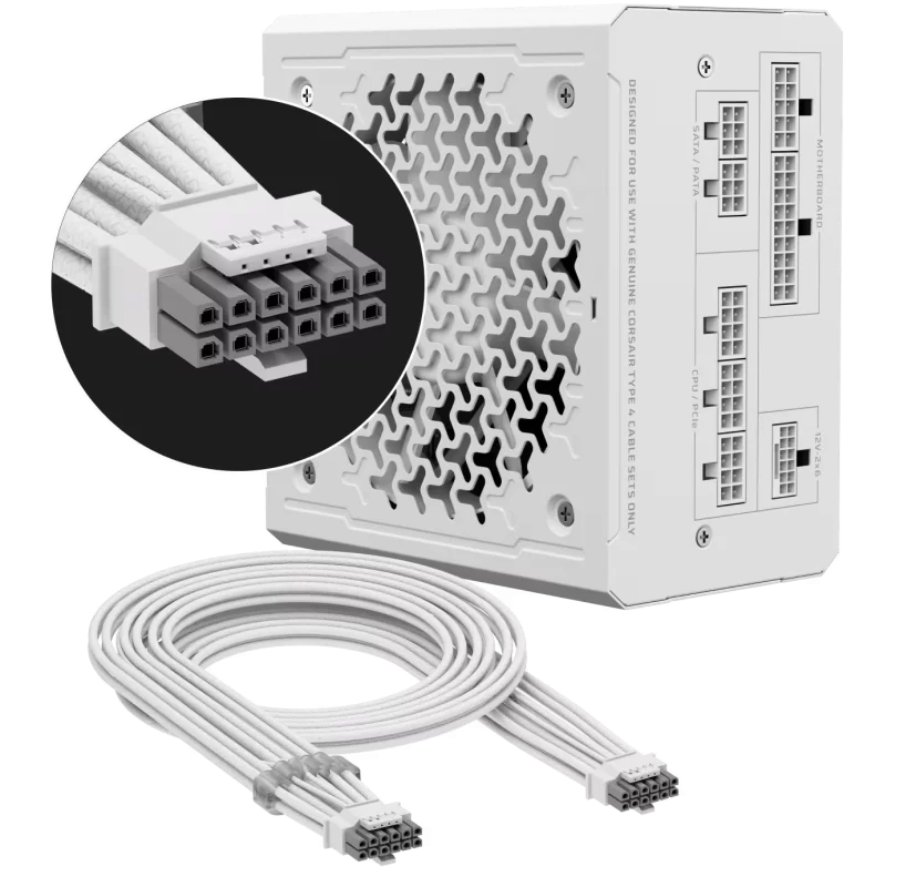 CORSAIR RMe Series RM750e White ATX 3.1 PCIe 5.1 (2025) Fully Modular PSU - 12V‑2×6 (GPU), 750 Watt, 80 plus Gold, Low-Noise 24 Panel03 Image 750W 2x 1