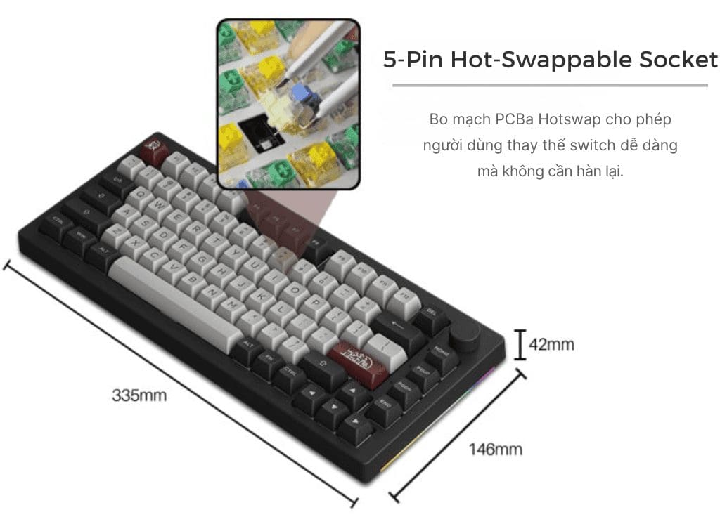 AKKO 5075B Plus Dracula Castle Keyboard - 75%, Multi-modes, Gasket mount, Keycap ASA profile, PBT Double-Shot , Hotswap, 3000mah 43 dimension