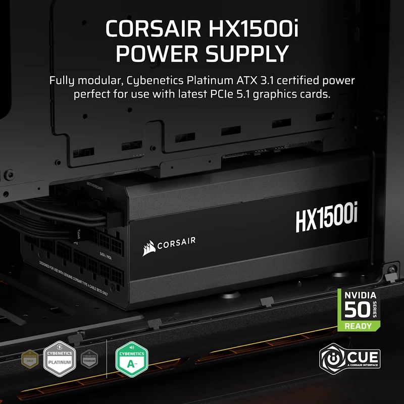 CORSAIR HX Series HX1500i ATX 3.1 PCIe 5.1 (2025) Fully Modular PSU - Dual 12V‑2×6 (GPU), 1200 Watt, 80 plus Platinum, Low-Noise 47