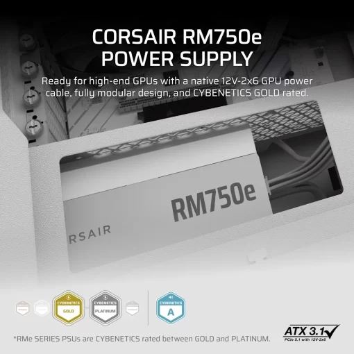 CORSAIR RMe Series RM750e White ATX 3.1 PCIe 5.1 (2025) Fully Modular PSU - 12V‑2×6 (GPU), 750 Watt, 80 plus Gold, Low-Noise