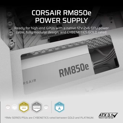 CORSAIR RMe Series RM850e White ATX 3.1 PCIe 5.1 (2025) Fully Modular PSU - 12V‑2×6 (GPU), 850 Watt, 80 plus Gold, Low-Noise