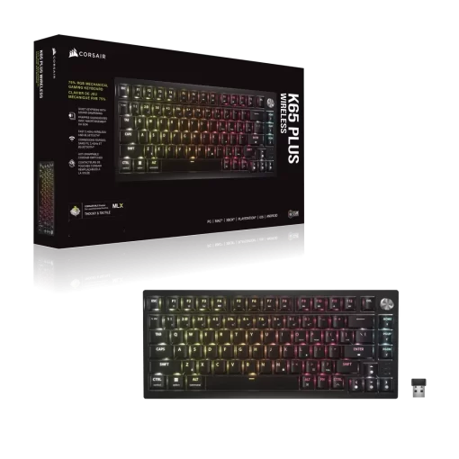 CORSAIR K65 PLUS WIRELESS TACTILE Gaming Keyboard - 75% RGB, CORSAIR MLX Tactile Switches, Top Mounted, Dual-Layer Sound Dampening, PBT Keycaps, QWERTY NA