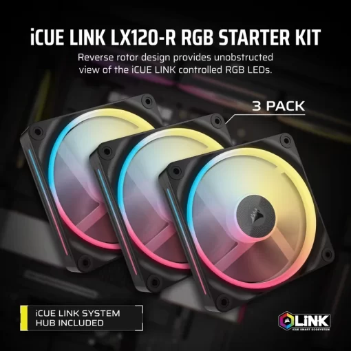 CORSAIR iCUE LINK LX120-R RGB Black 120mm PWM Reverse Fans Starter Kit Fans - 120mm 2400RPM Static Pressure RGB Fan