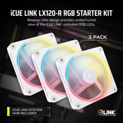 CORSAIR iCUE LINK LX120-R RGB White 120mm PWM Reverse Fans Starter Kit Fans - 120mm 2400RPM Static Pressure RGB Fan